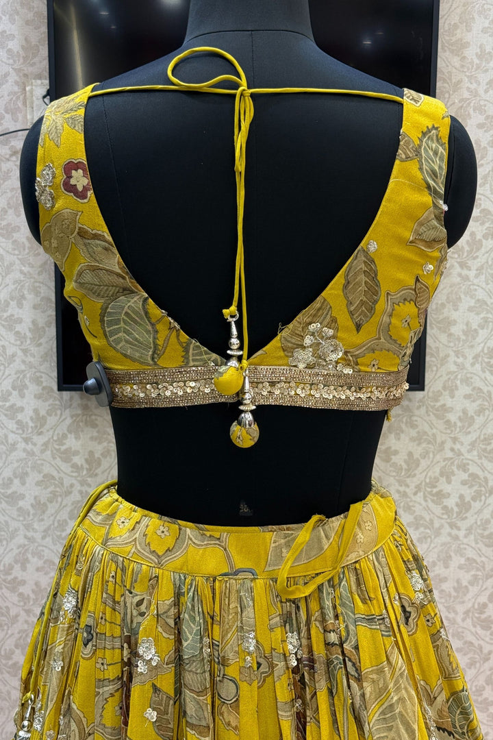 Olive Green Sequins, Stone, Beads, Zari and Zardozi work with Digital Print Crop Top Lehenga