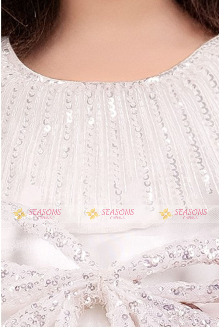 White Beads and Sequins work Kaftan Styled Long Party Frock for Girls