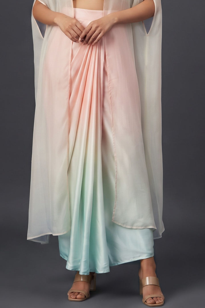 Pastel Pink with Blue Indo-Western Styled Cape, Top and Cowl Skirt