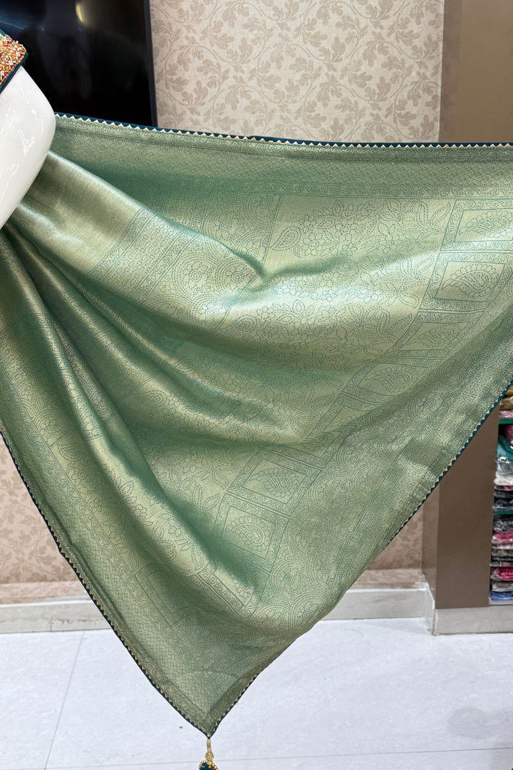 Sea Green Saree with Peacock Blue Beads, Zari and Sequins work with Pochampally Print Blouse