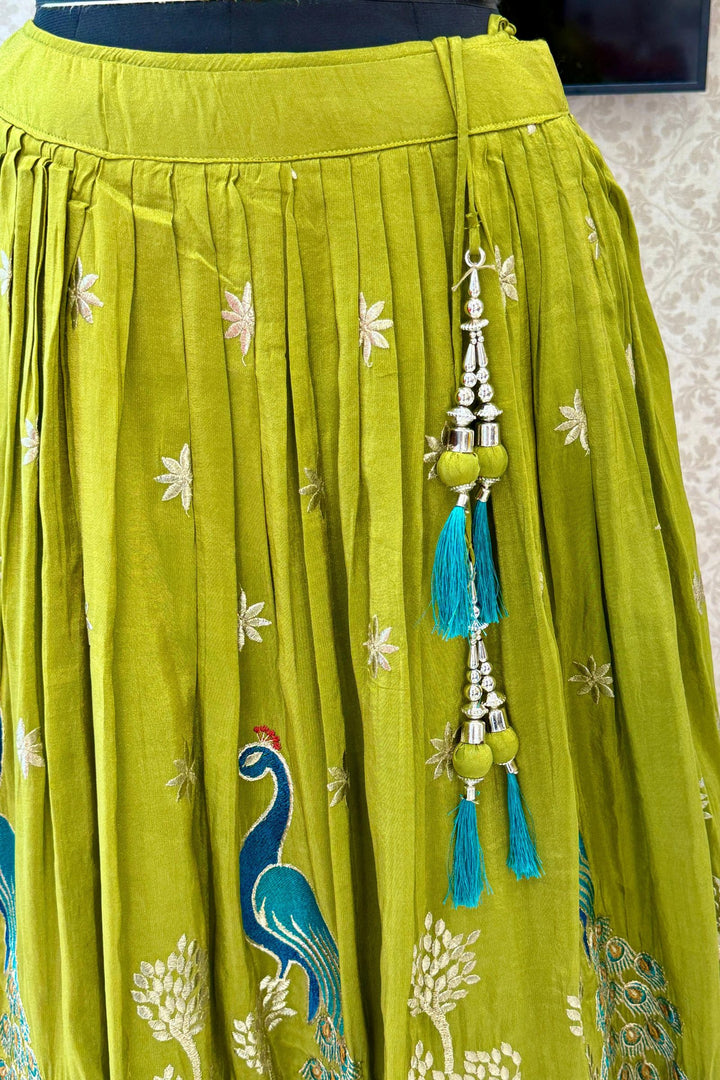 Mehendi Green Zari, Zardozi, Mirror, Stone and Multicolor Embroidery work Crop Top Lehenga