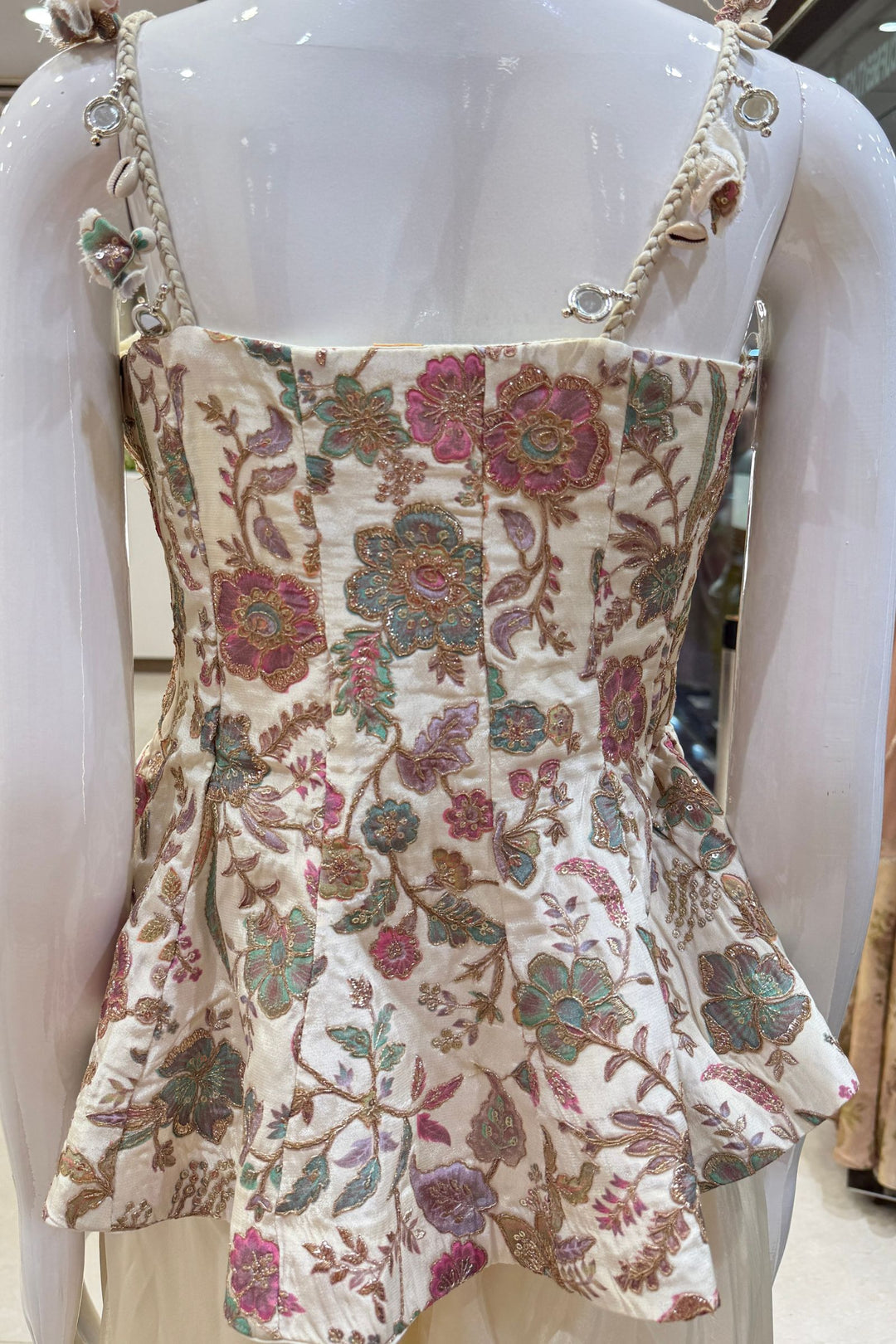Cream Floral Print Peplum Top and Flared Palazzo Set with Zari and Beads work