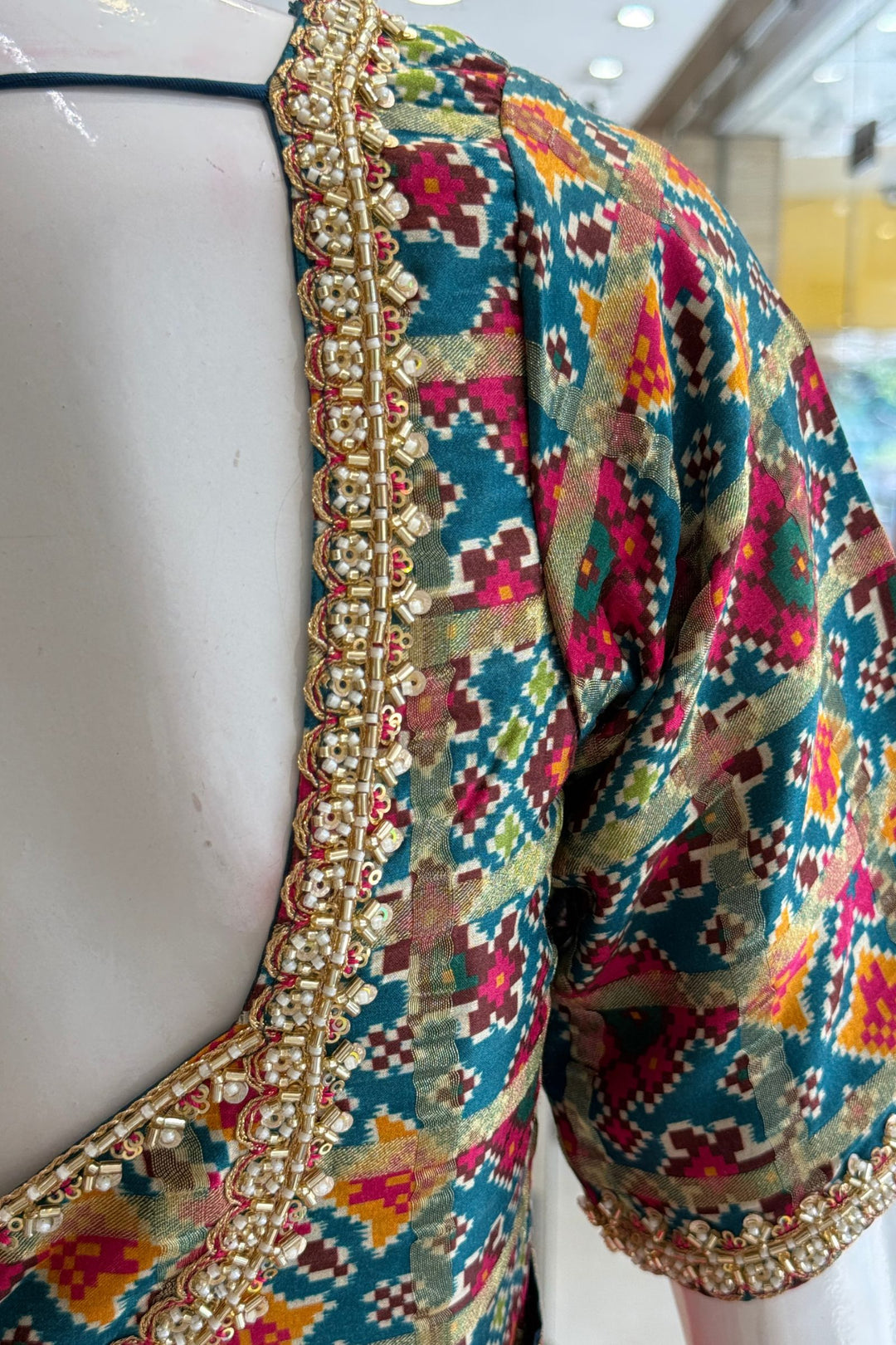 Rani Pink Banaras work Saree with Patola Print, Sequins and Zardozi work Readymade Blouse