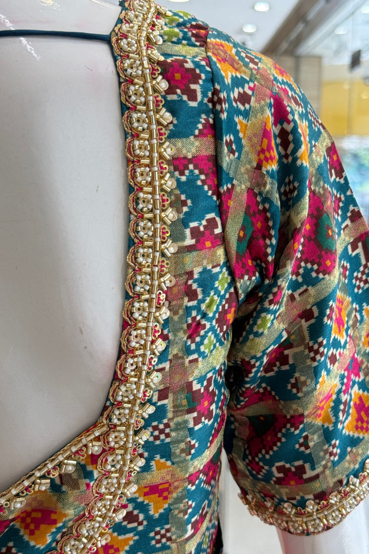 Rani Pink Banaras work Saree with Patola Print, Sequins and Zardozi work Readymade Blouse