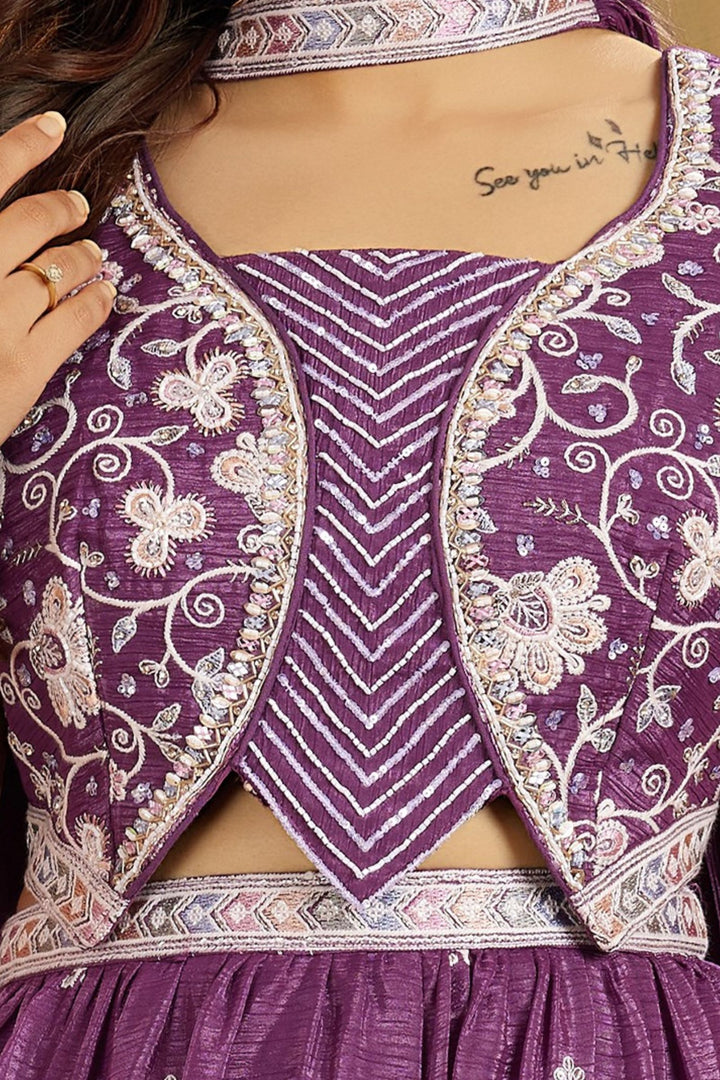 Purple Beads, Stone, Sequins and Multicolor Thread work Choli and Palazzo Set for Girls