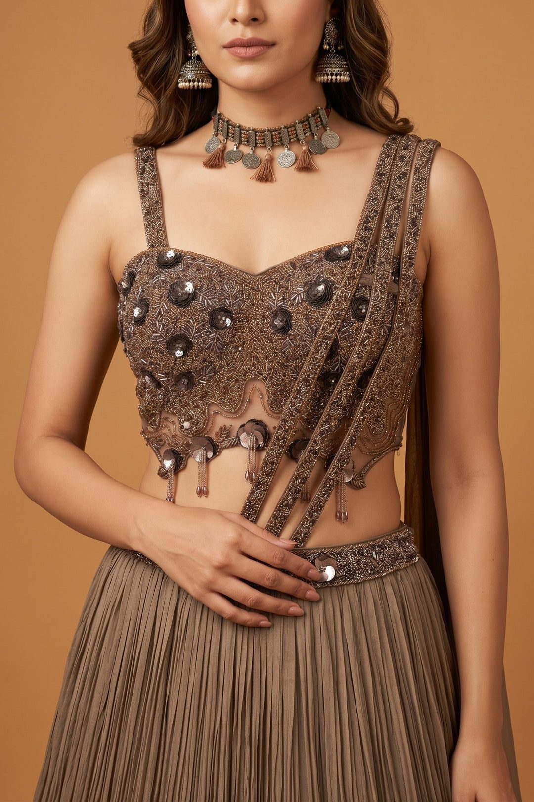 Brown Beads and Sequins work Indo-Western Style Lehenga Set