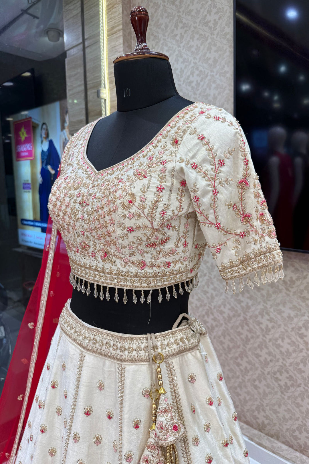 Designer Wedding Lehenga in Cream with Beads, Zari, Sequins and Thread Work