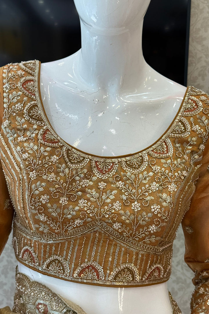 Copper Gold Beads, Sequins and Pearl work Saree