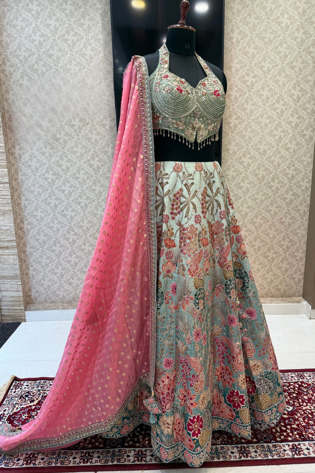 Sea Green Zardozi, Sequins, Beads, Thread and Zari work with Halter Neck Lehenga