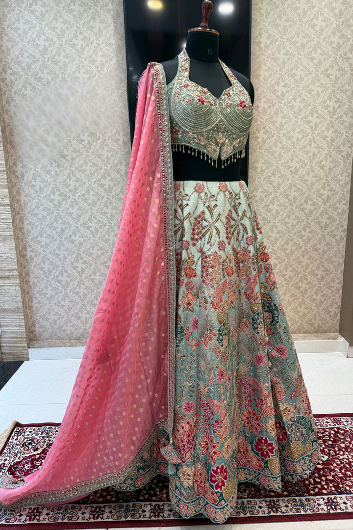 Sea Green Zardozi, Sequins, Beads, Thread and Zari work with Halter Neck Lehenga