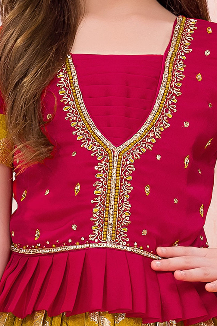 Rani pink with Olive Green Stone, Pearl and Zardozi work Lehenga Choli for Girls