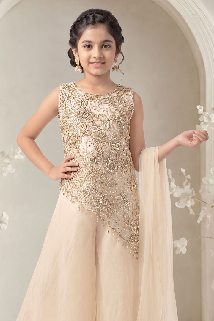 Cream Beads, Sequins and Thread work Palazzo Suit Set for Girls