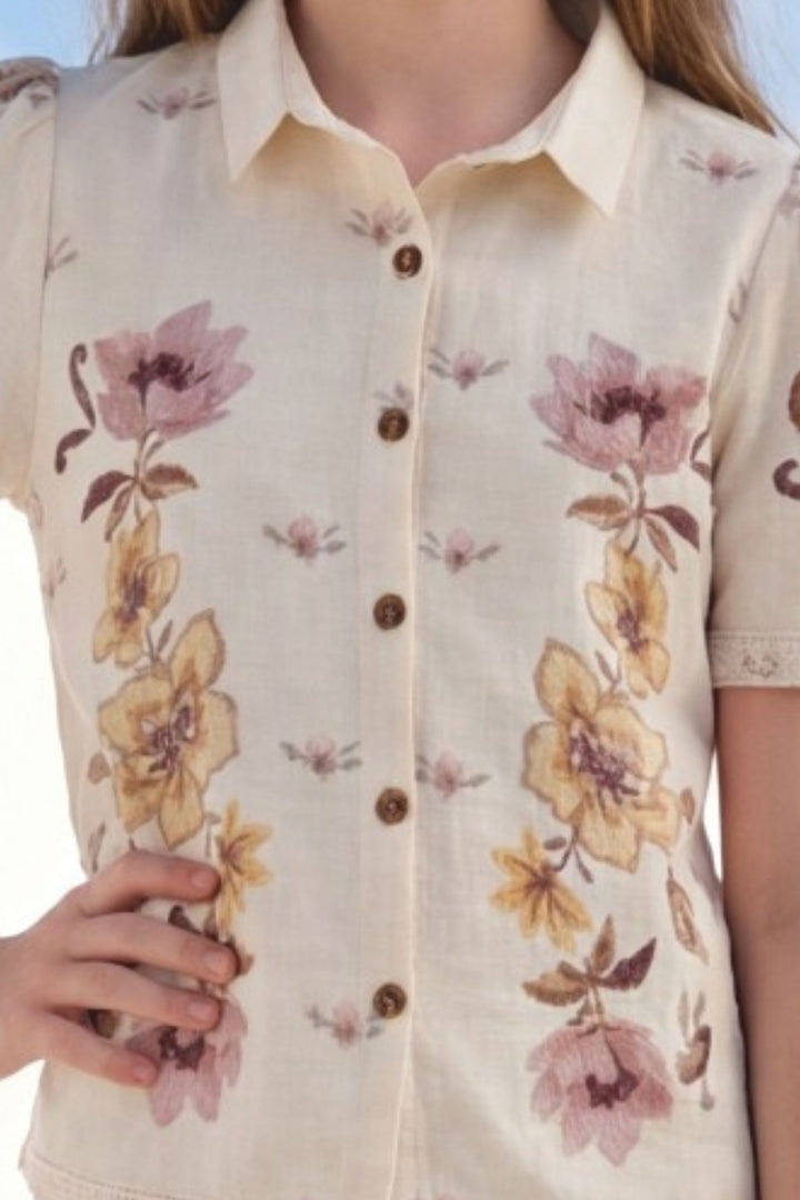 Cream with Floral Print Co-ord Set for Girls