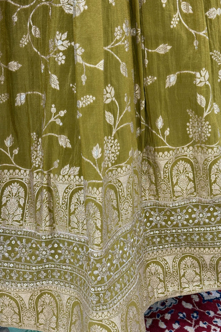 Mehendi Green Mirror, Beads, Sequins, Zardozi and Banaras work Peplum Style Lehenga