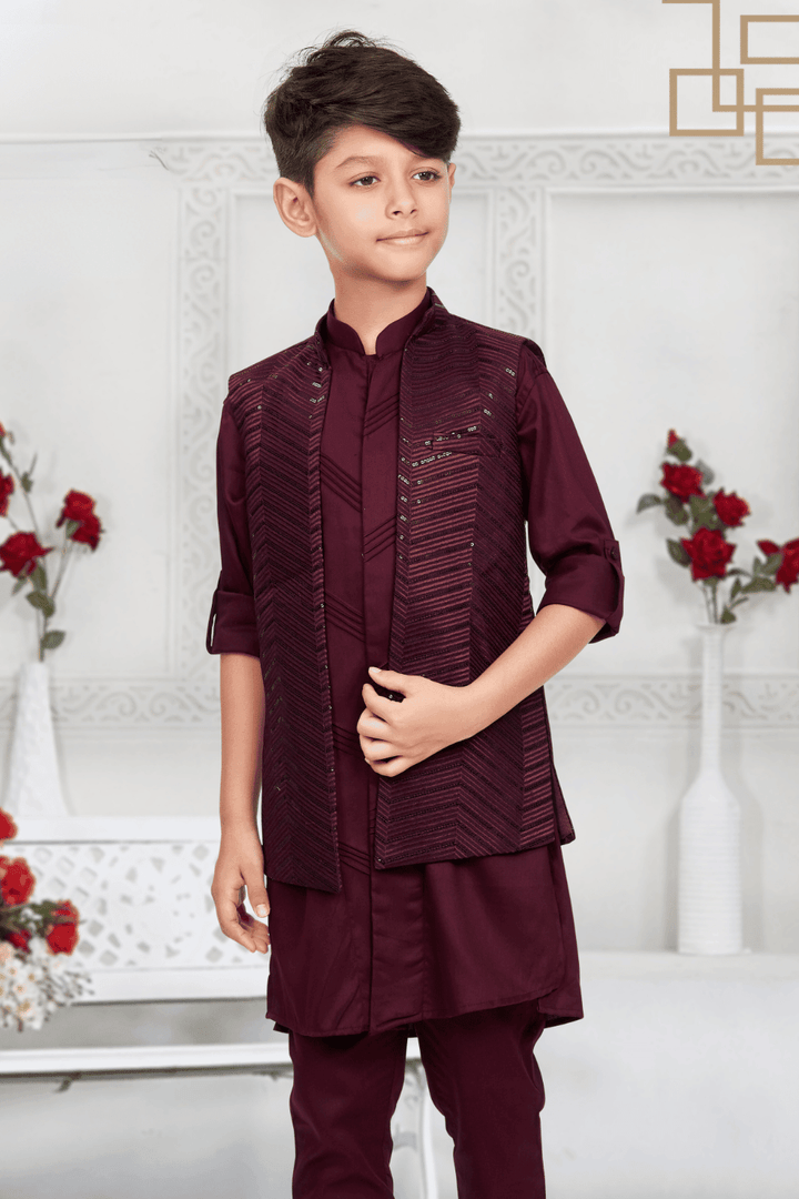 Wine Thread and Sequins work Waist Coat Kurta Set for Boys - Seasons Chennai