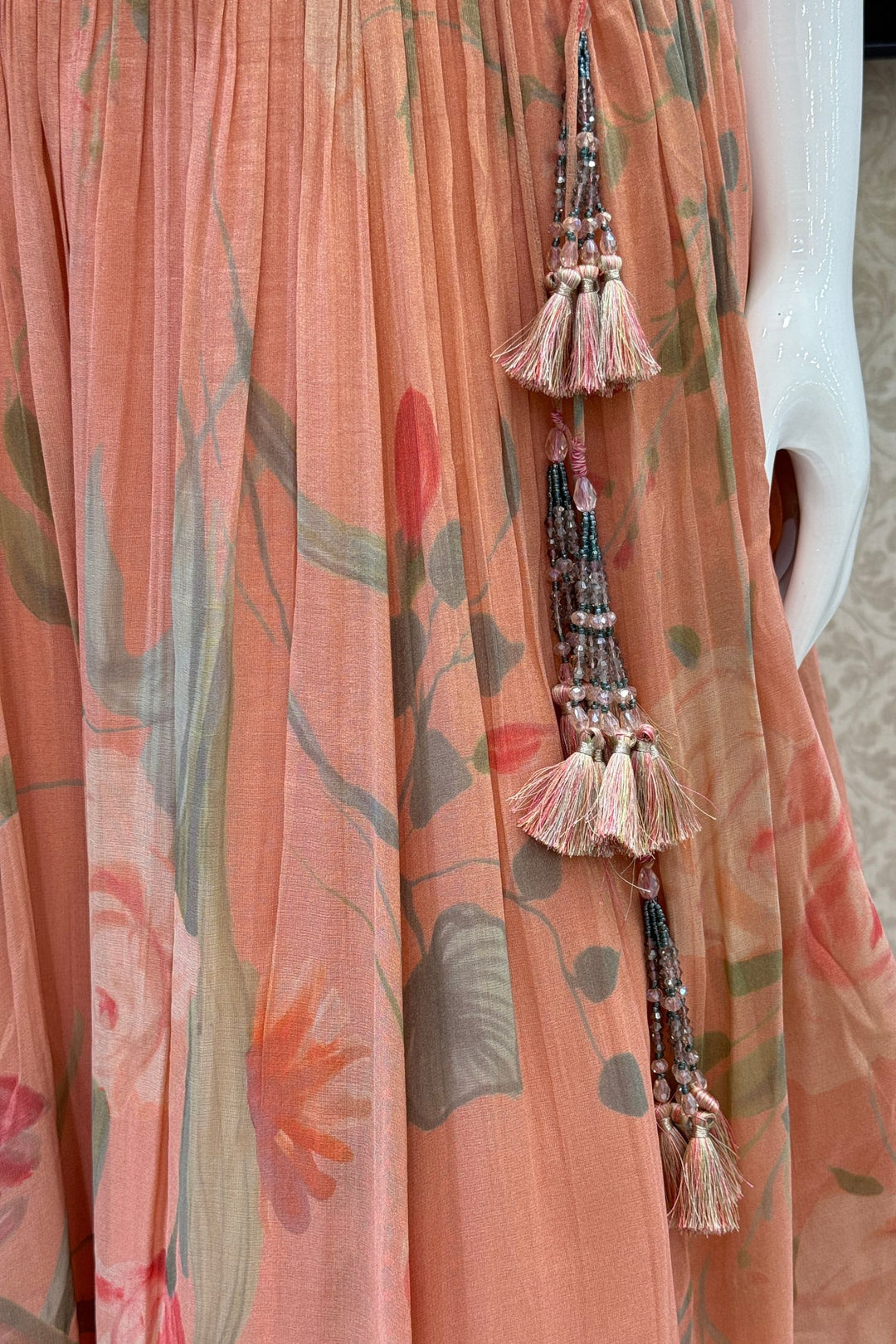 Peach Beads, Mirror and Zardozi work with Digital Print Peplum Style Lehenga