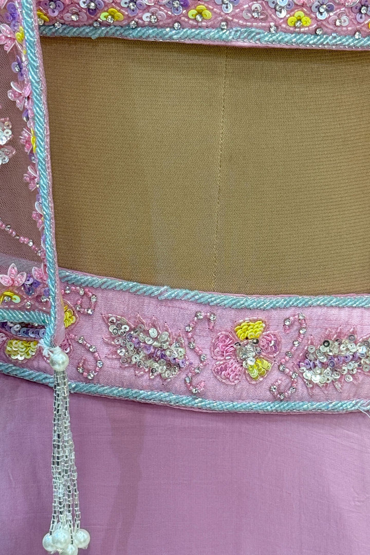 Light Pink Beads, Sequins and Stone work with Poncho Crop Top Lehenga