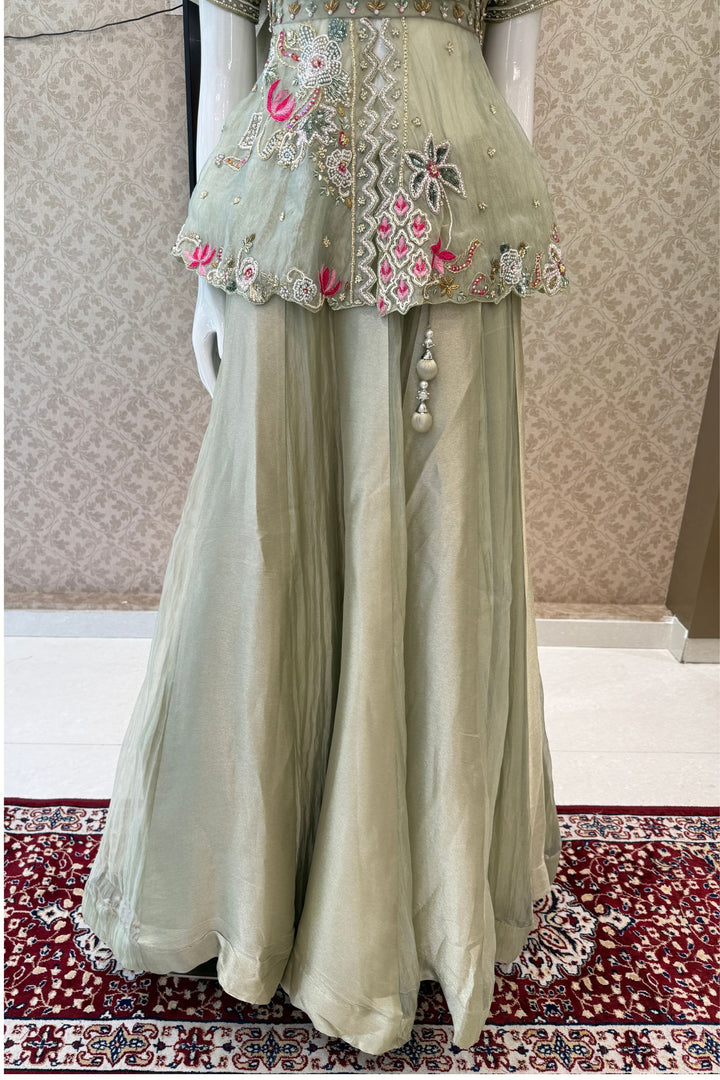 Sea Green Beads, Zardozi, Sequins and Multicolor Thread work Peplum Style Lehenga