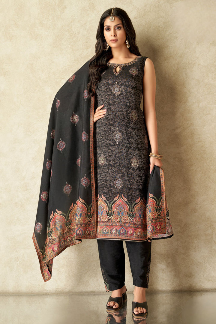 Black Banaras, Beads, Zardozi and Stone work with Digital Print Straight Cut Salwar Suit