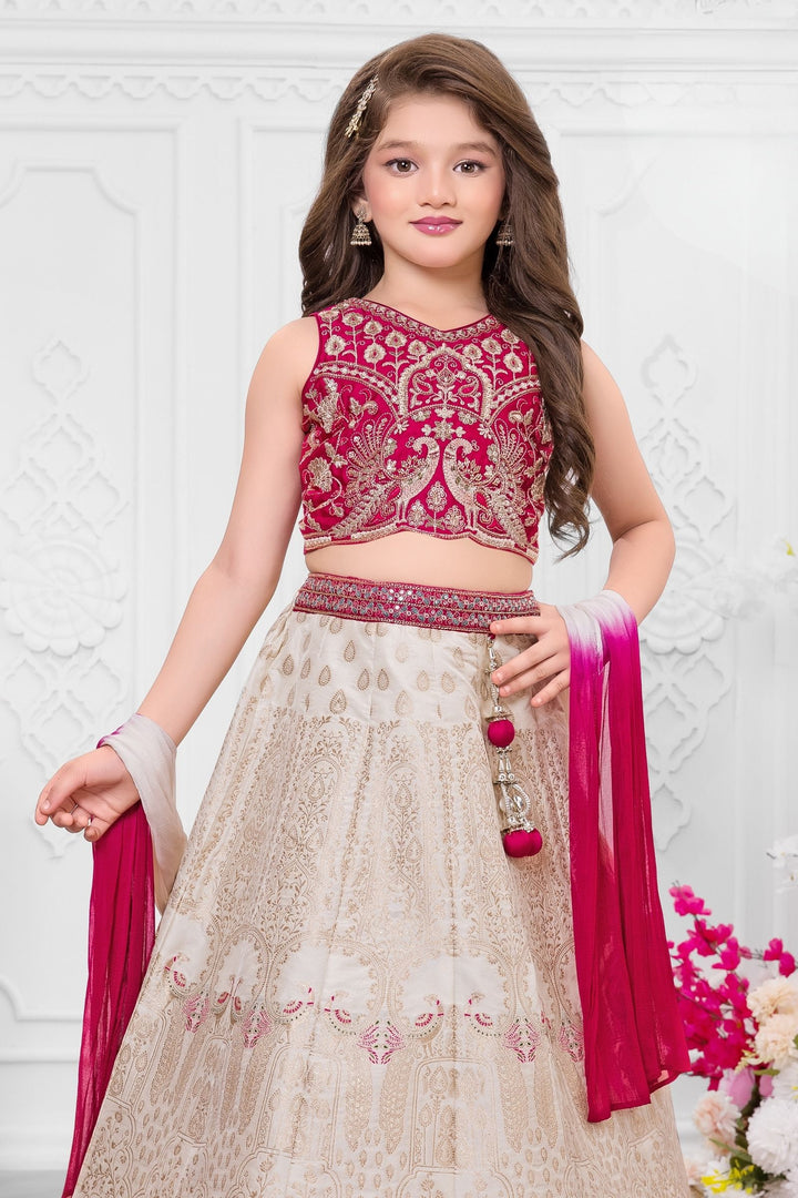 Rani Pink with Cream Beads, Zari and Sequins work Lehenga Choli for Girls