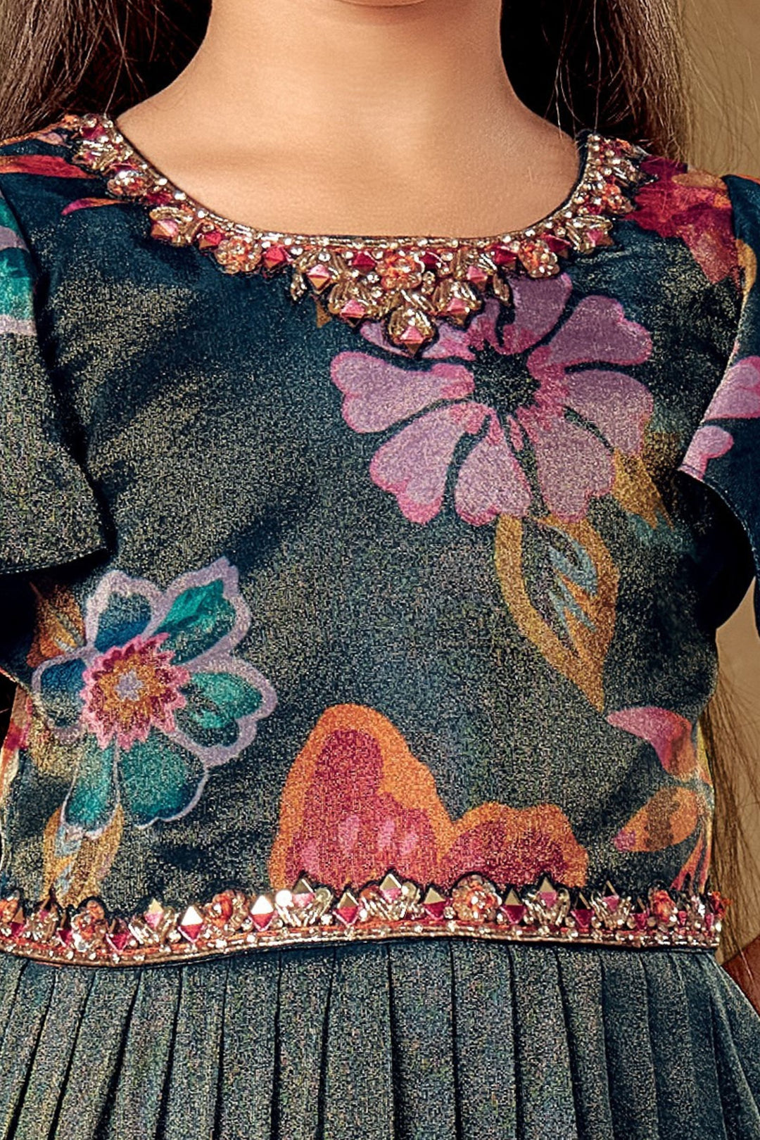 Peacock Blue Mirror, Stone, Sequins and Beads work with Floral Print Long Party Gown for Girls