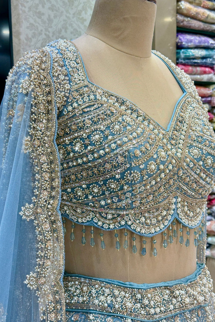 Sea Blue Bridal Lehenga with Intricate Beads, Pearl and Sequins Work