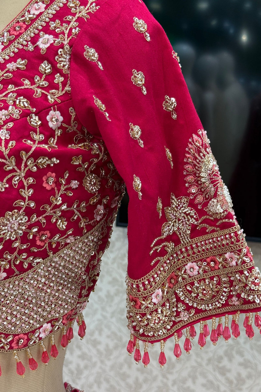 Designer Wedding Lehenga in Rani Pink with Beads, Zari and Sequins Work