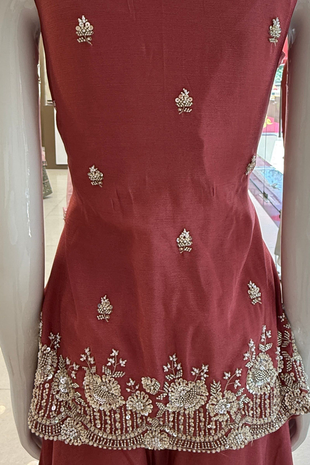 Rust Beads, Zari and Sequins work Palazzo Salwar Suit