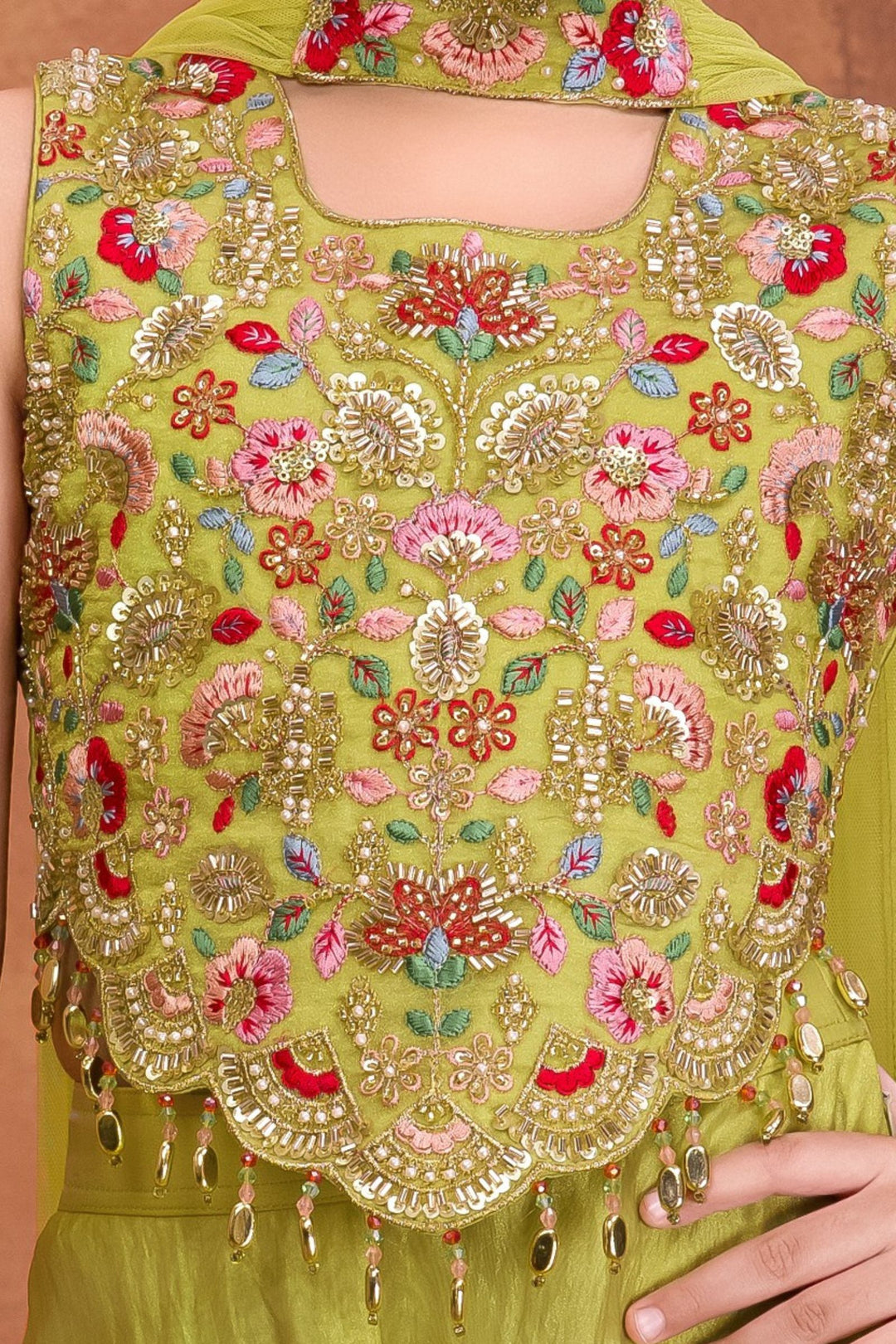 Liril Green Multicolor Embroidery, Beads, Sequins and Zari work Palazzo Suit Set for Girls