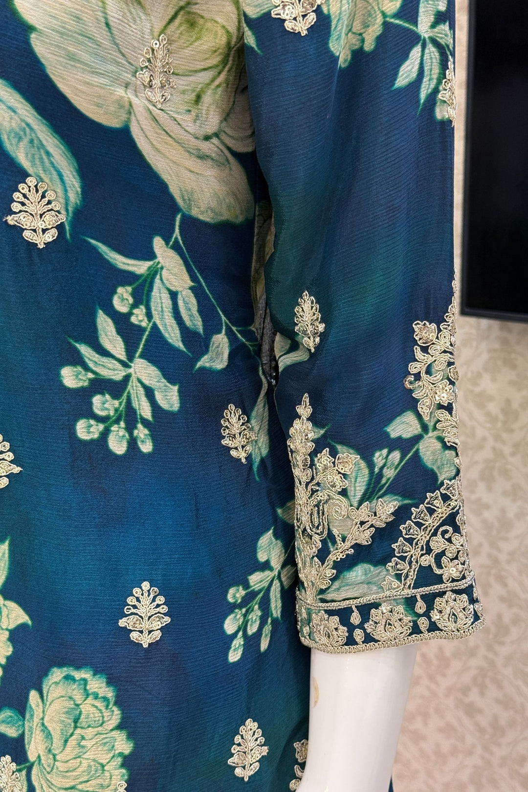 Peacock Blue Sequins and Zari work with Floral Print Sharara Salwar Suit
