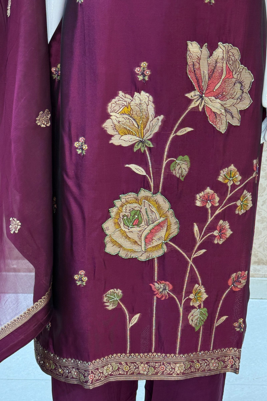 Wine Beads, Sequins, Zari, Stone, Banaras and Jacquard work Straight Cut Salwar Suit