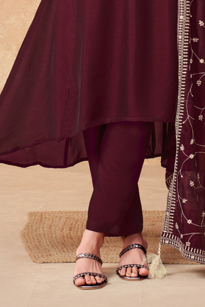 Maroon Beads, Pearl, Zardozi, Stone, Zari and Sequins work Aline Cut Salwar Suit