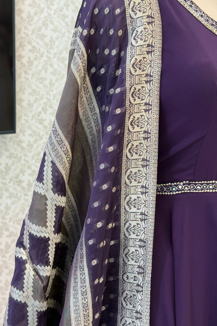 Wine Beads and Sequins work Anarkali Gown with Traditional Banaras work Dupatta