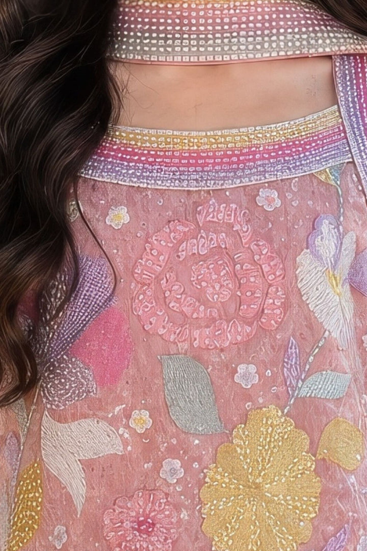 Peach Multicolor Embroidery, Beads and Sequins work Palazzo Suit Set for Girls