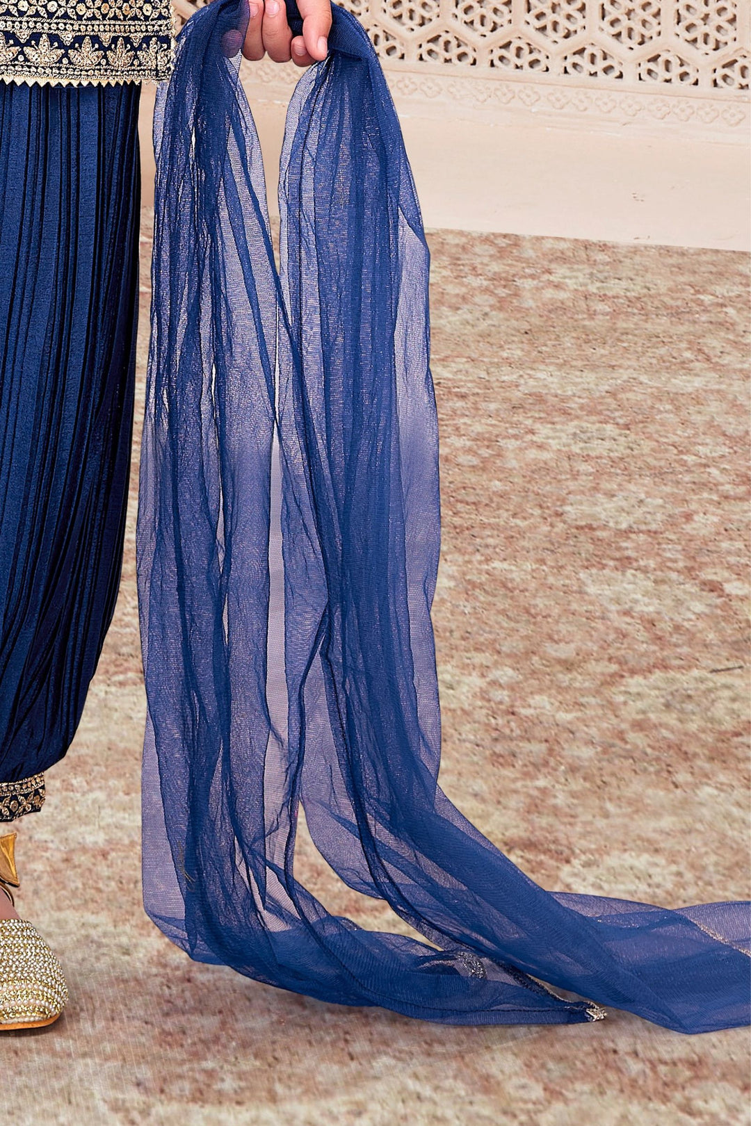 Navy Blue Sequins and Zari work with Patola Print Top and Afghani Set for Girls