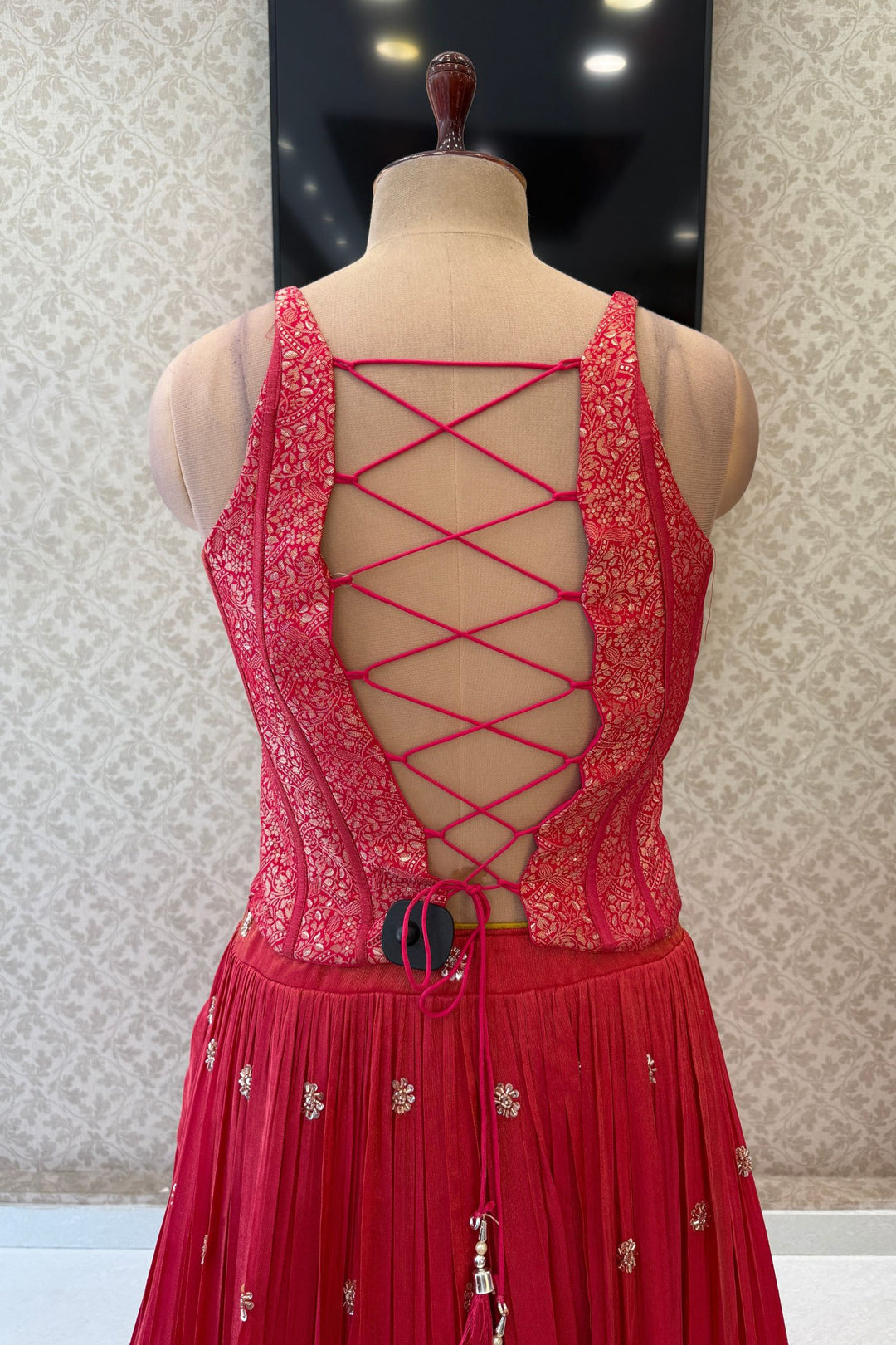 Rani Pink Brocade, Beads, Zardozi and Sequins work Corset Top with Lehenga