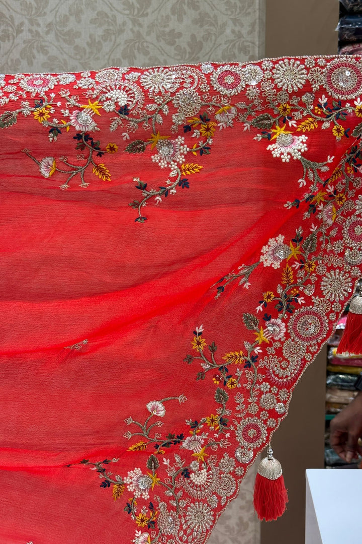 Red Saree with Multicolor Embroidery, Zari and Sequins Embellishments