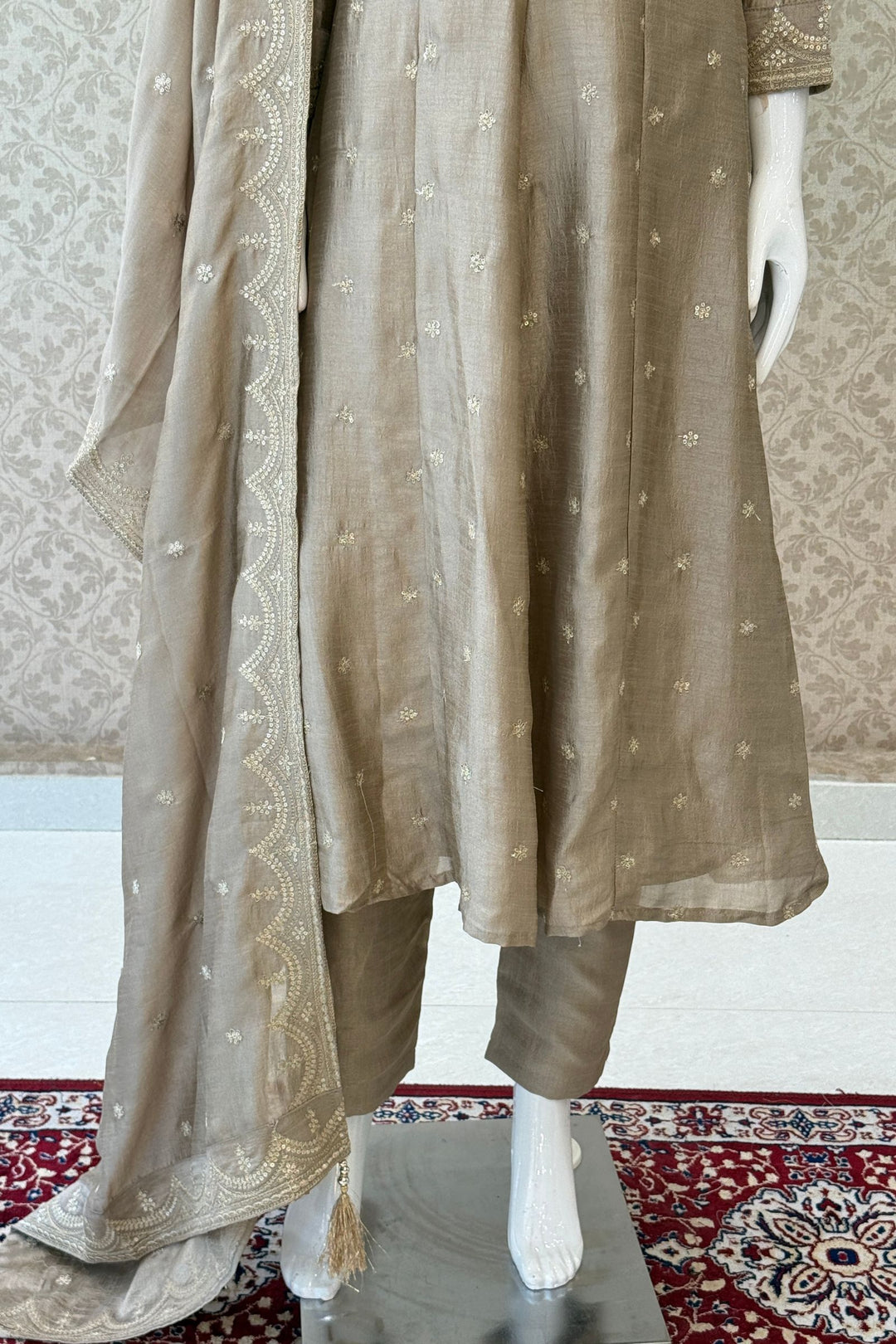 Beige Zari, Zardozi, Sequins and Stone work A-line Cut Salwar Suit