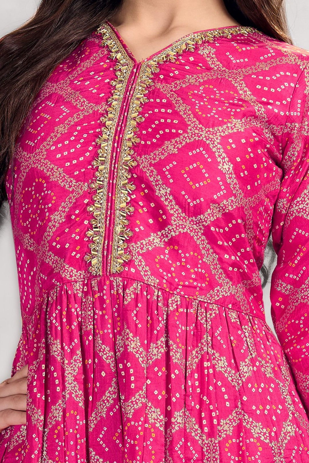 Rani Pink Sequins, Zari, Mirror and Beads work with Bandini Print Sharara Suit Set for Girls