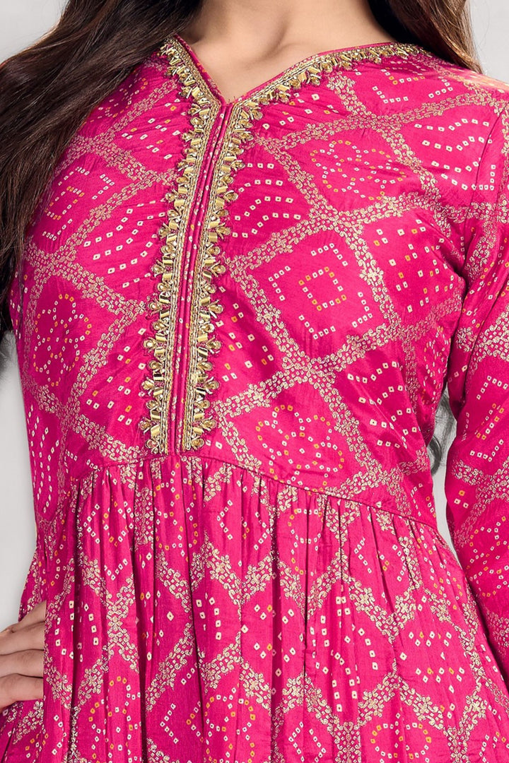 Rani Pink Sequins, Zari, Mirror and Beads work with Bandini Print Sharara Suit Set for Girls