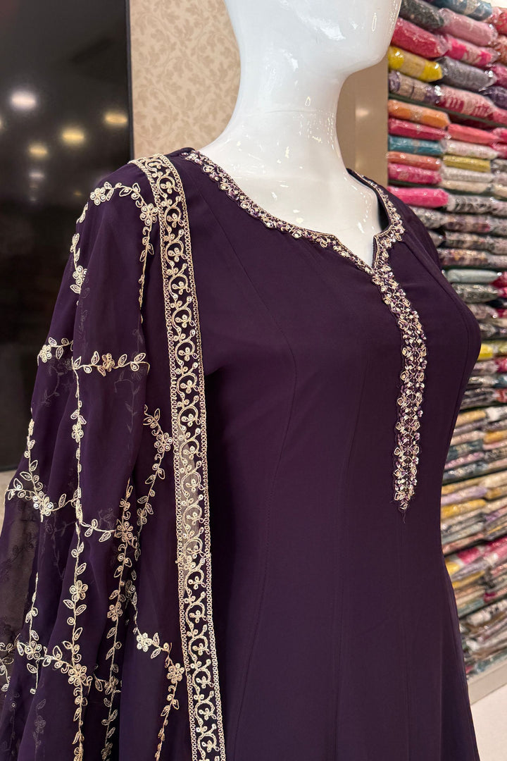 Dark Wine Stone, Sequins, Zardozi and Beads work Aline Cut Salwar Suit