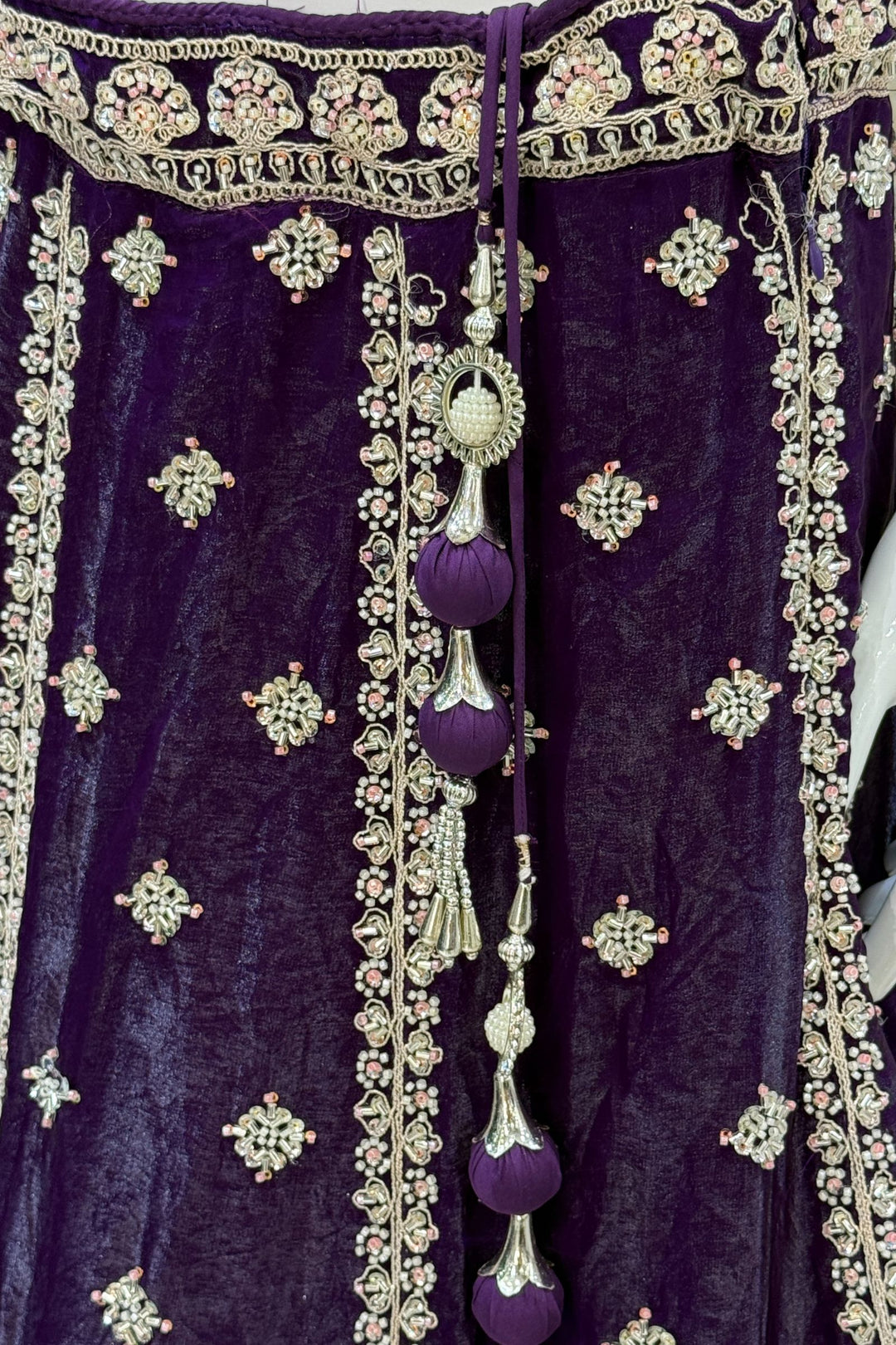 Purple Beads, Zari, Thread and Sequins work Crop Top Bridal Lehenga