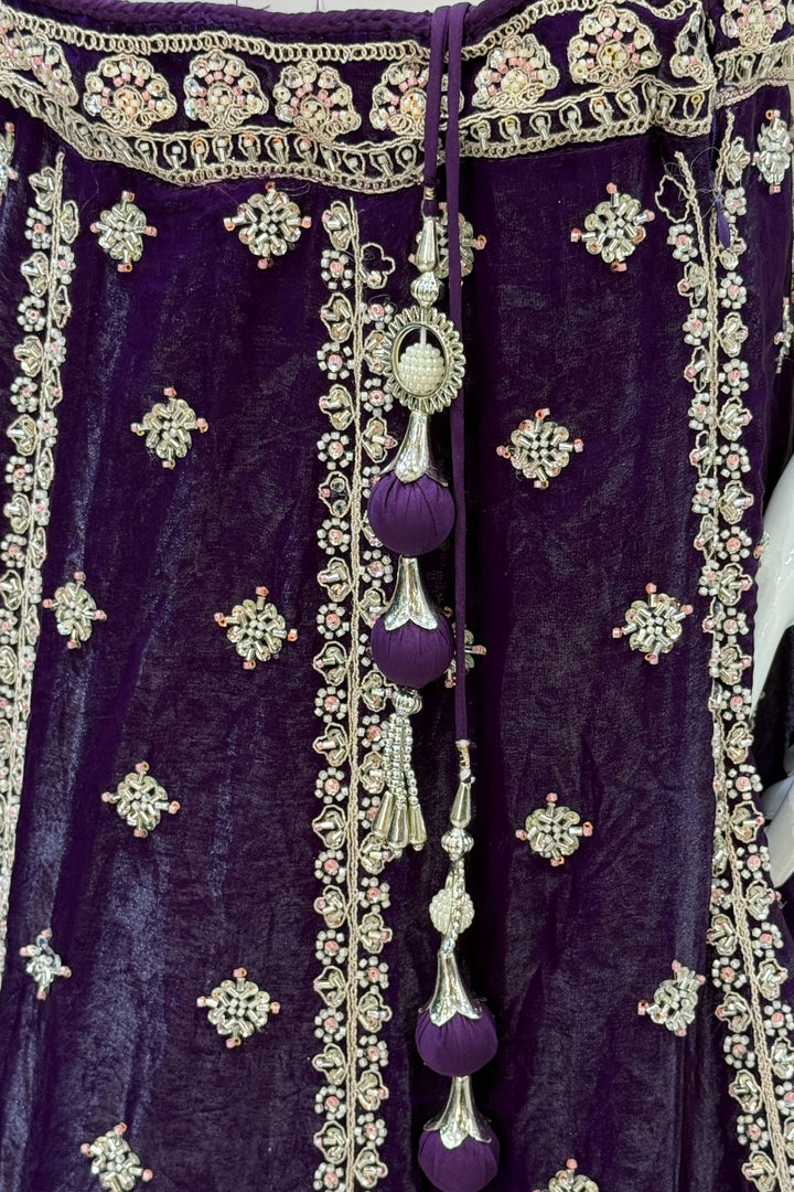 Purple Beads, Zari, Thread and Sequins work Crop Top Bridal Lehenga
