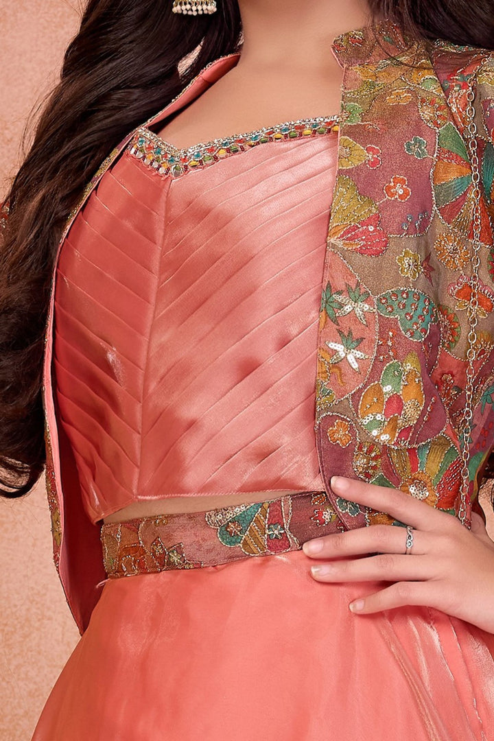 Peach Sequins and Zari work with Multicolor Digital Print Jacket Styled Lehenga Choli for Girls