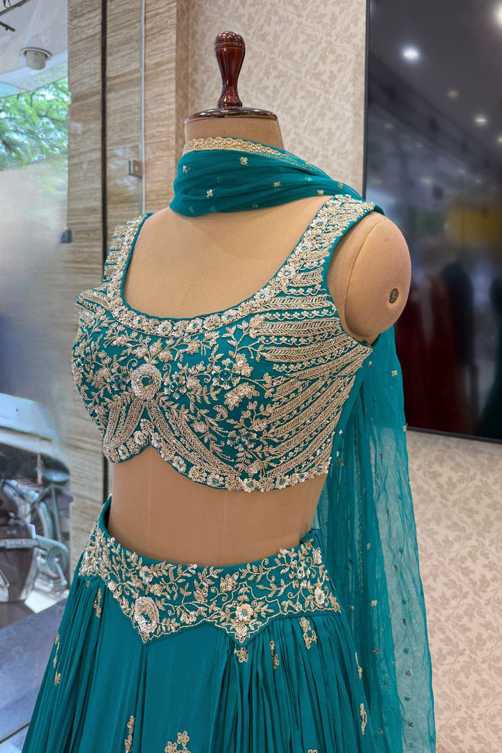 Rama Blue Sequins, Beads, Mirror, Zardozi and Zari work Crop Top Lehenga