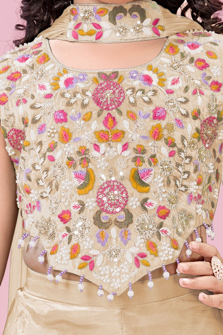 Gold Sequins, Beads and Multicolor Embroidery work Palazzo Suit Set for Girls