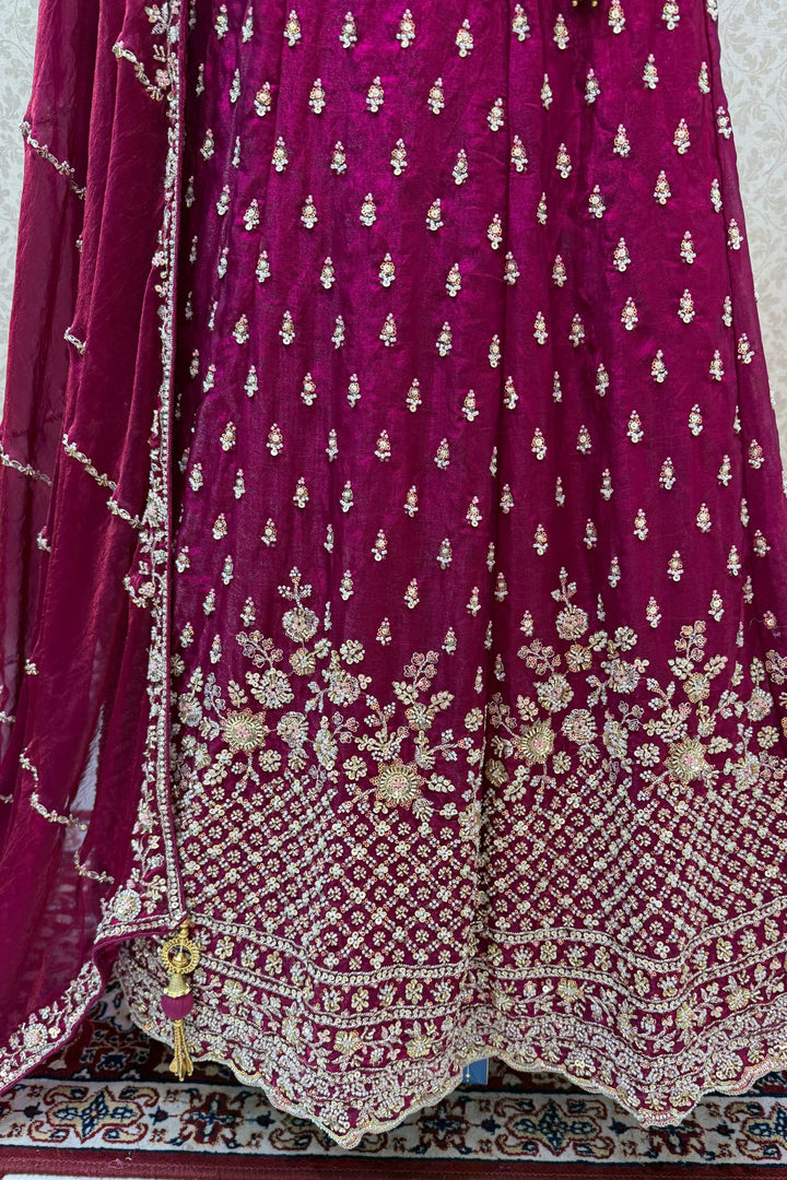 Magenta Beads, Zari and Sequins work Crop Top Bridal Lehenga