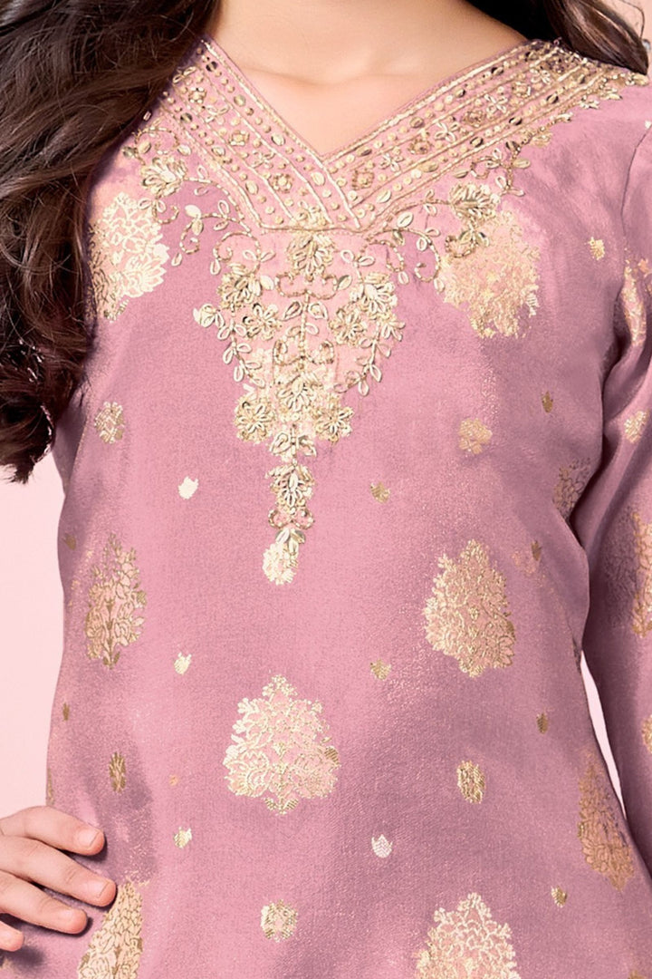 Onion Pink Brocade, Zardozi, Beads and Sequins work Sharara Suit Set for Girls