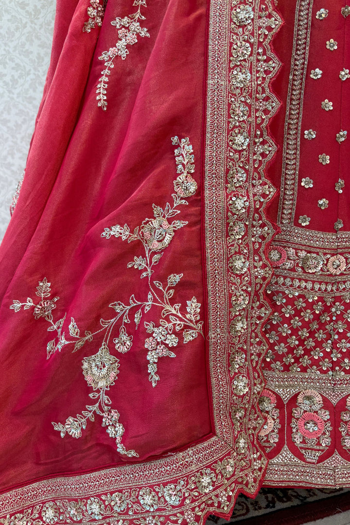 Coral Red Handworked Zardozi, Sequins, Pearl and Beads work Crop Top Designer Bridal Lehenga