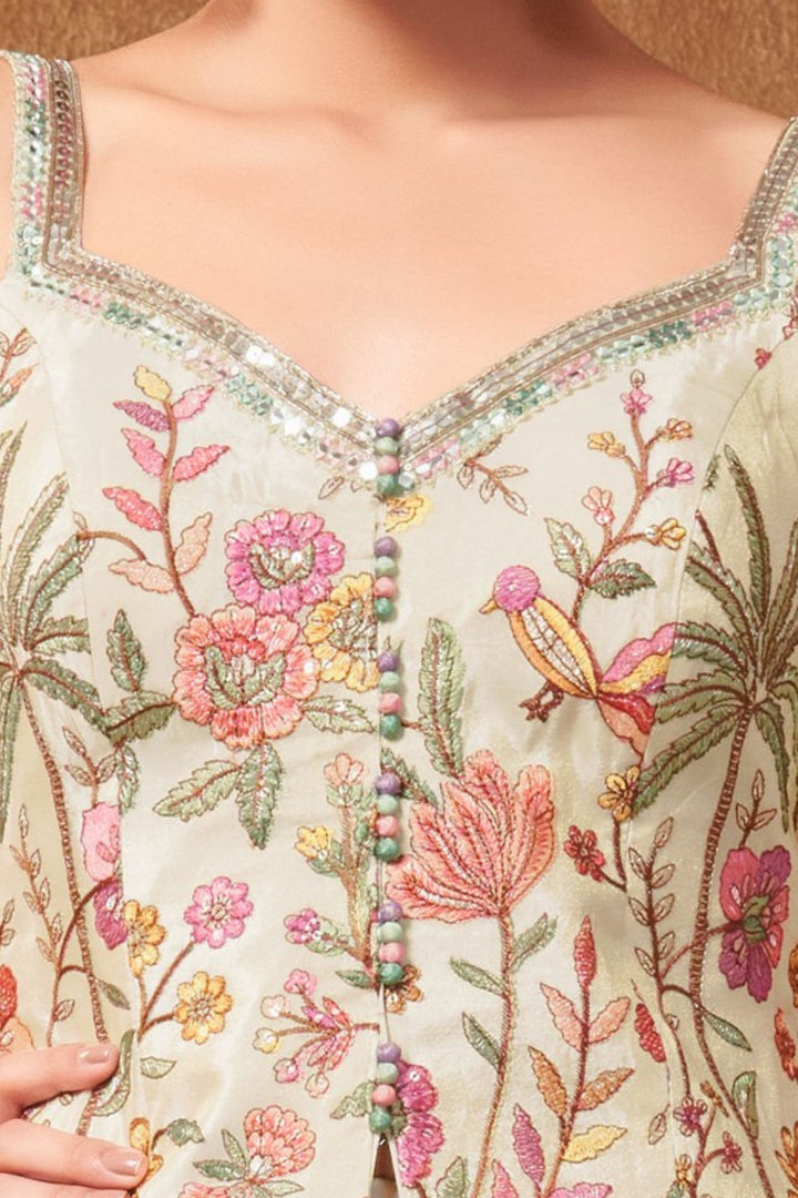 Cream Multicolor Embroidery, Sequins, Zari and Zardozi work Peplum Style Lehenga
